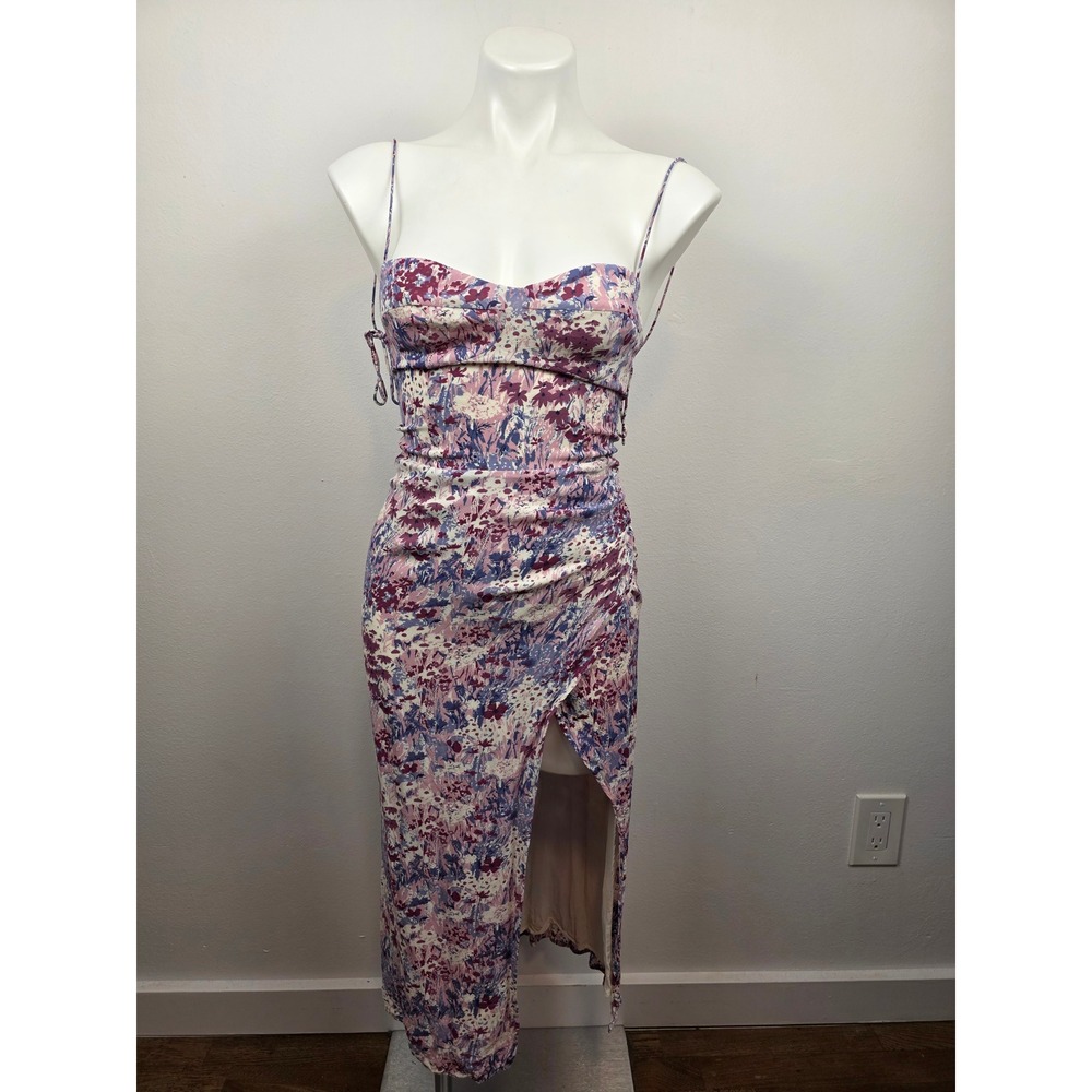 Reformation Kourtney Floral Midi Dress Purple Pink Ruched Slit Smocked Size 6